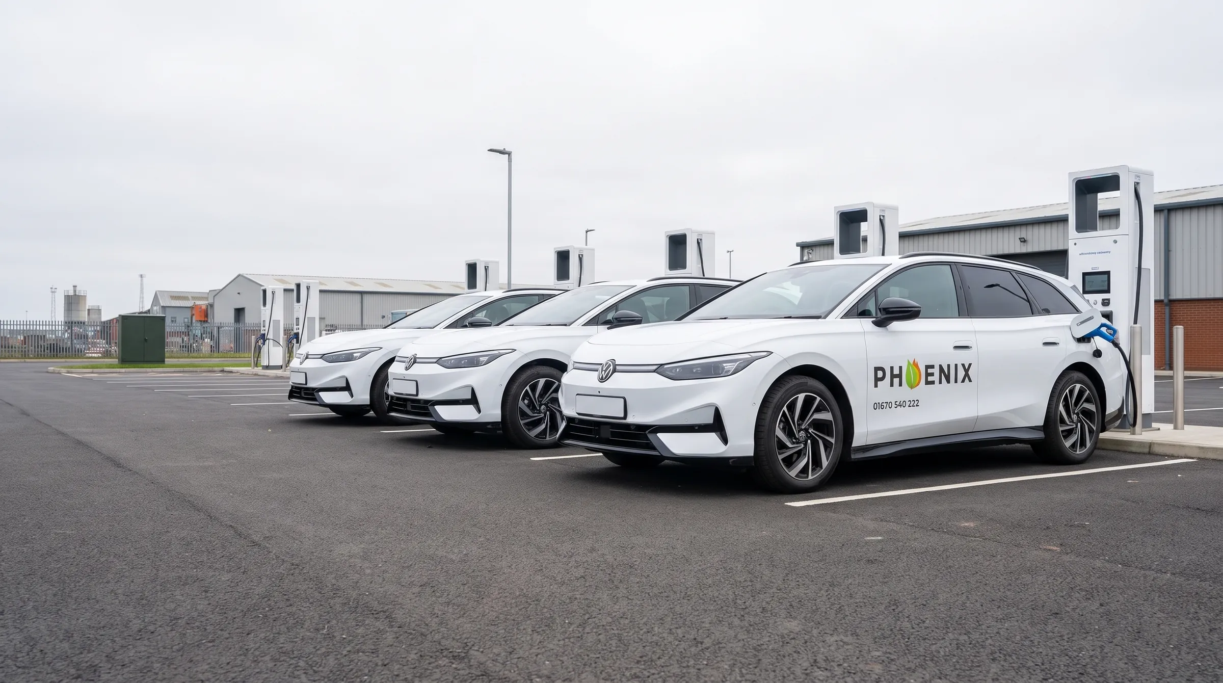 Three Phoenix Volkswagen ID.7 electric cars on charge in a depot car park
