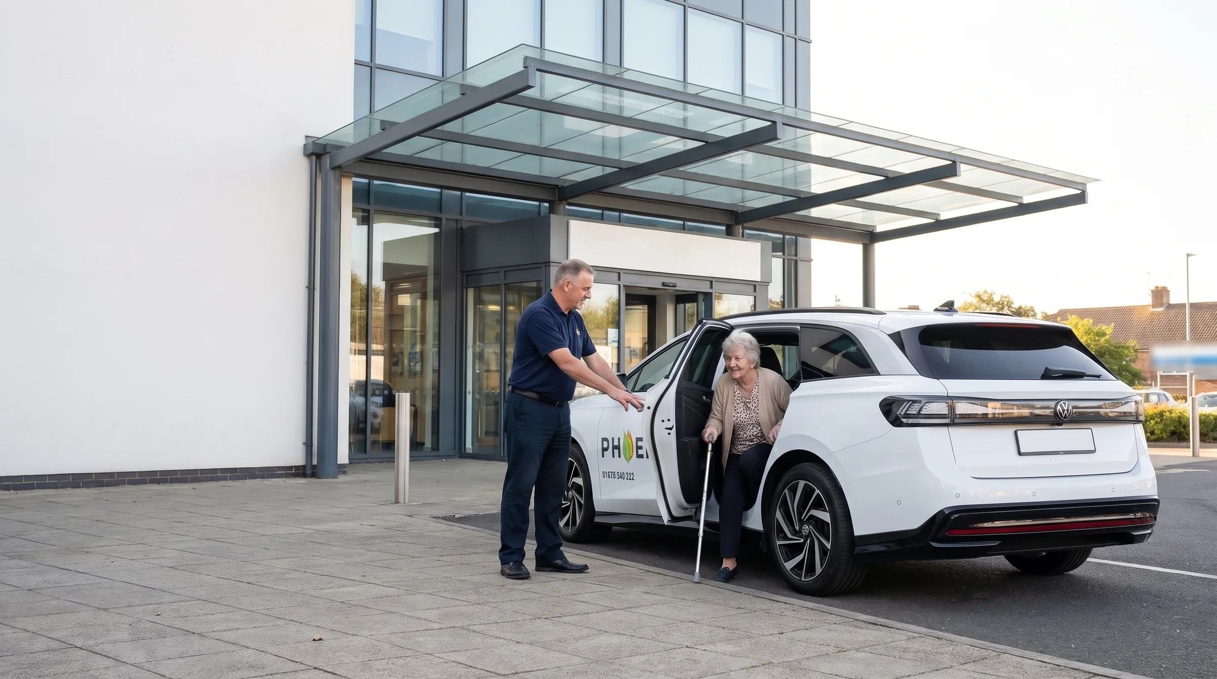 A Phoenix driver holding the car door for an older passenger with a walking stick outside a hospital entrance