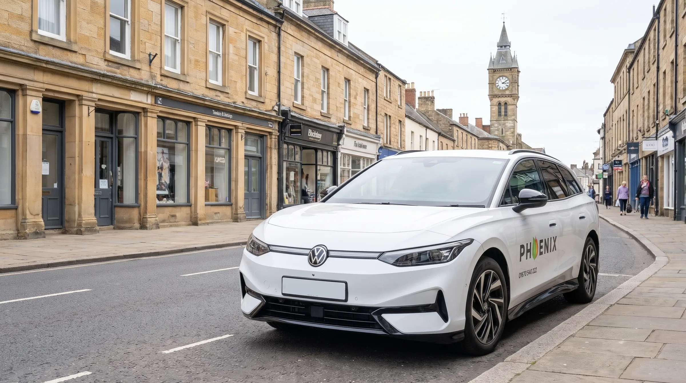 A Phoenix Volkswagen ID.7 on Bridge Street in Morpeth, with the clock tower behind
