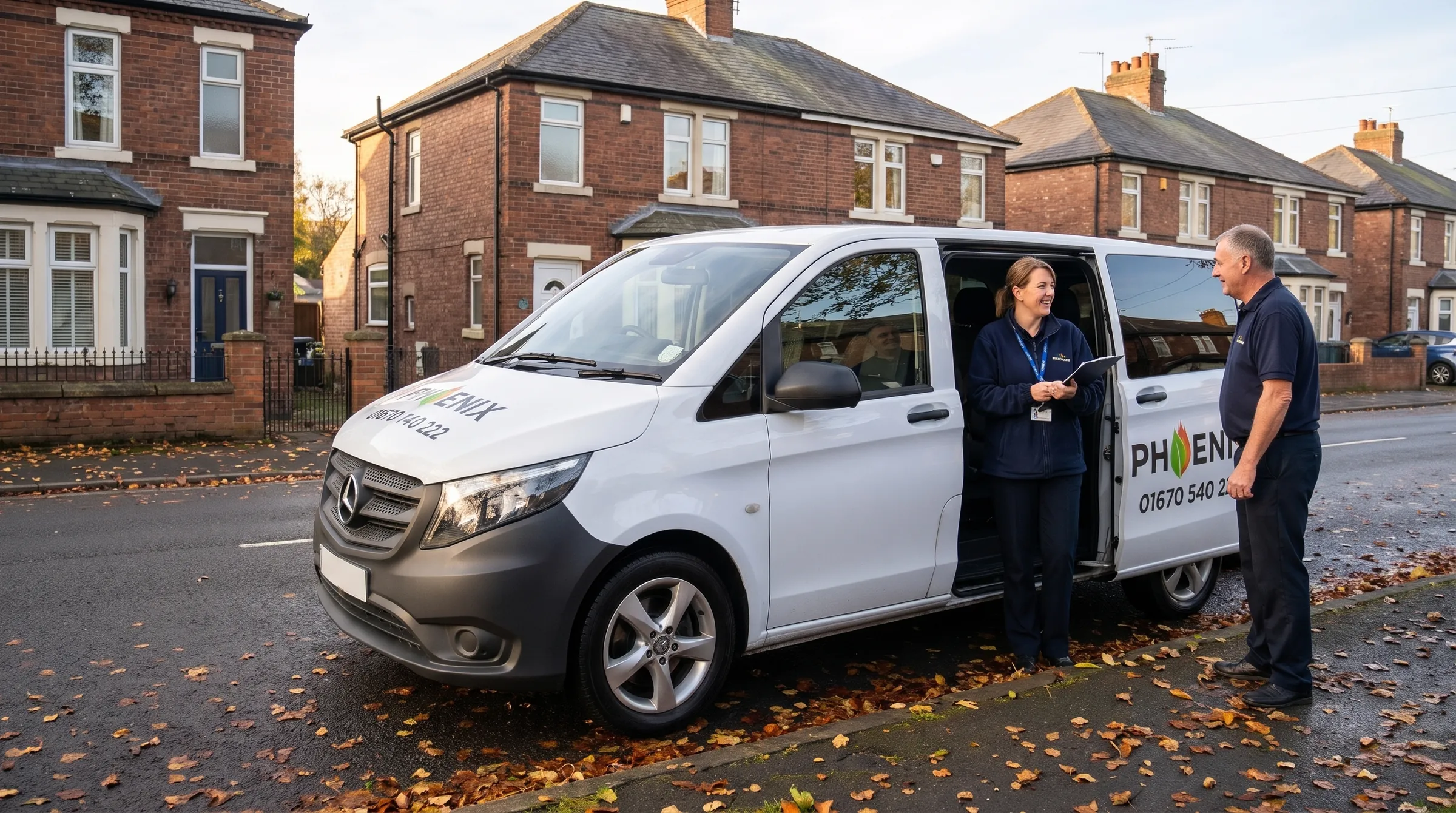 A Phoenix driver and a passenger assistant talking beside a Phoenix van on a residential street in the morning