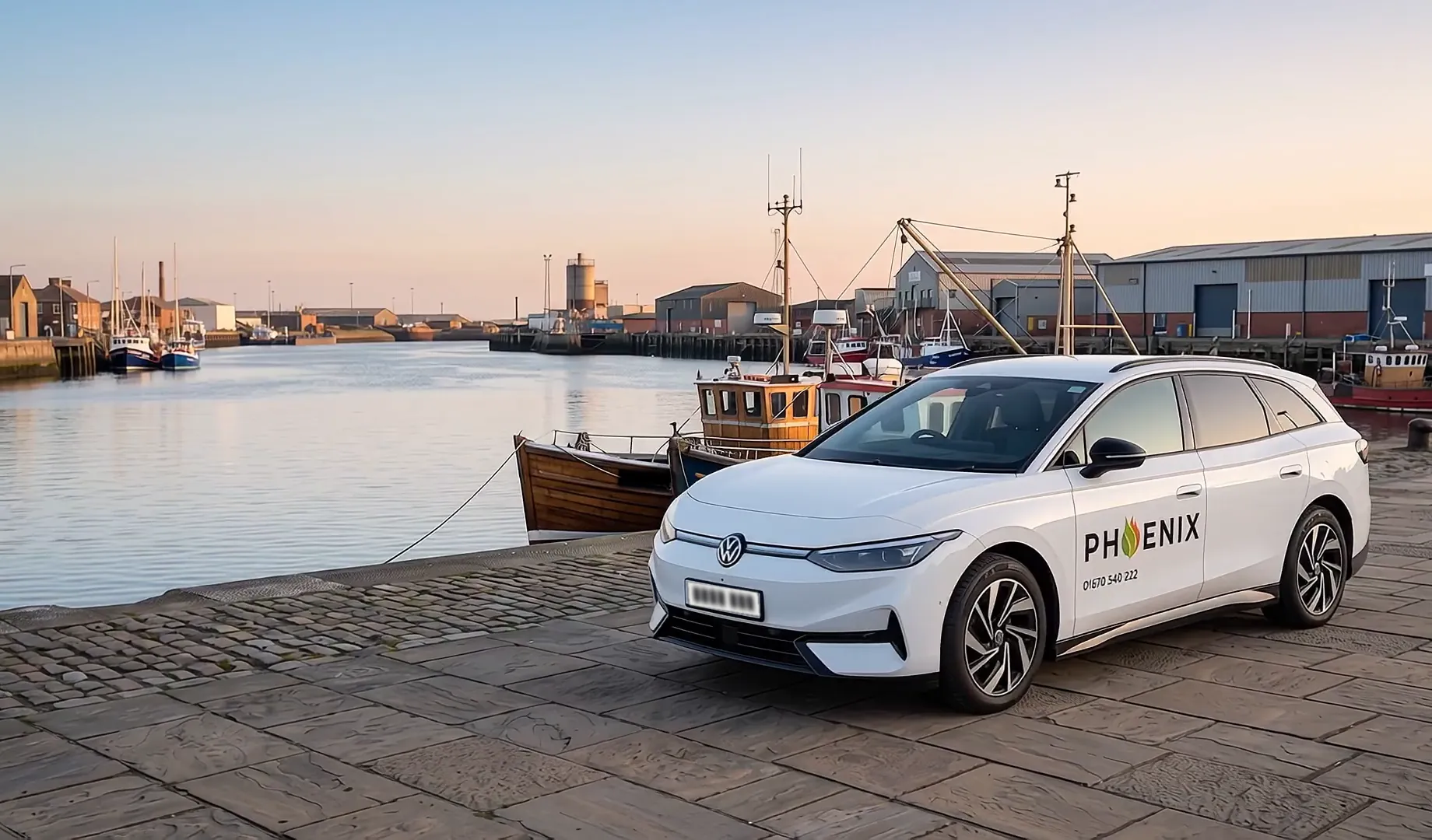 A Phoenix Volkswagen ID.7 electric taxi parked on Blyth quay at dusk