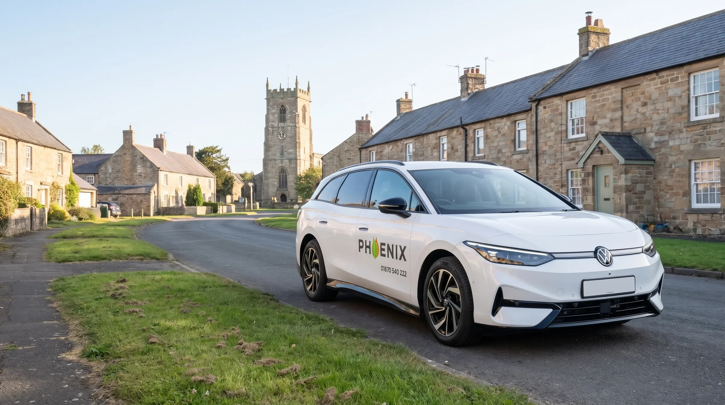 A Phoenix Volkswagen ID.7 on a village street of stone cottages with a church tower behind