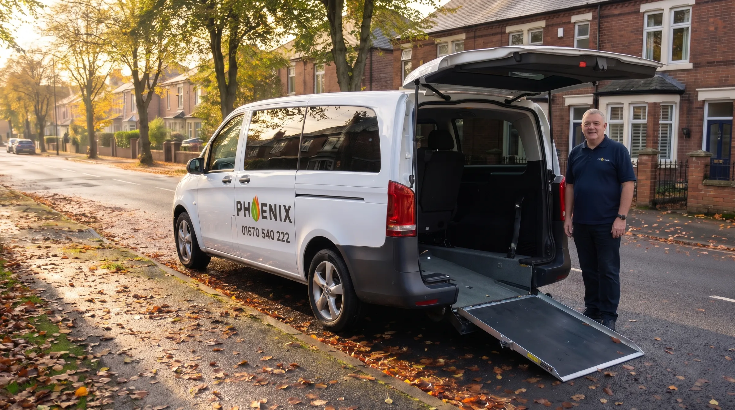 A Phoenix wheelchair-accessible van with its tailgate open and rear ramp down on a residential street, the driver standing beside it