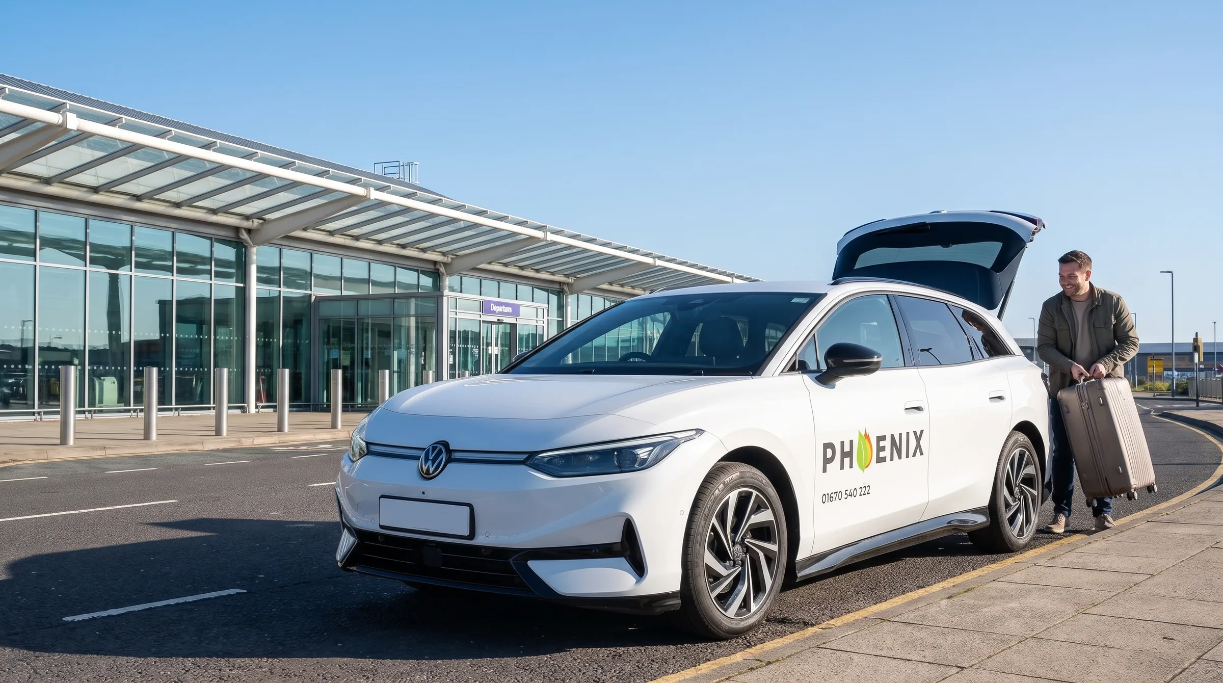 A Phoenix Volkswagen ID.7 at the Newcastle Airport departures drop-off, with a passenger lifting a suitcase from the boot
