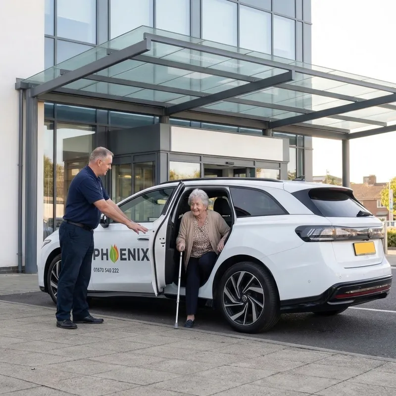 A Phoenix driver holding the car door for an older passenger outside a hospital entrance