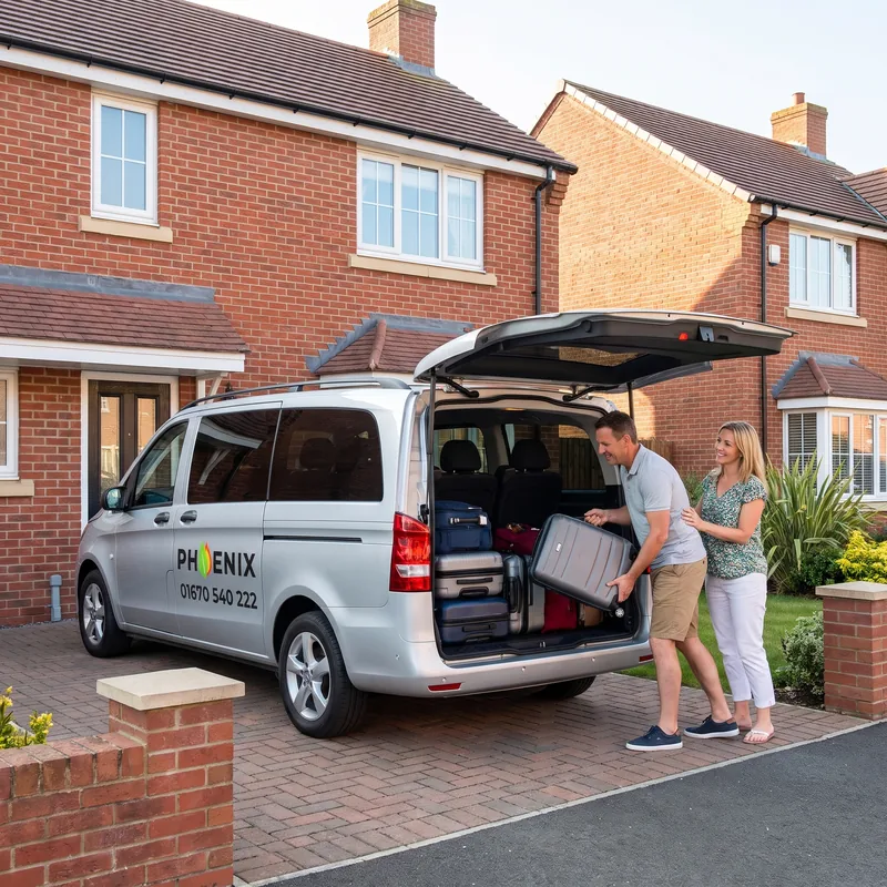A couple loading suitcases into a Phoenix people carrier outside their house
