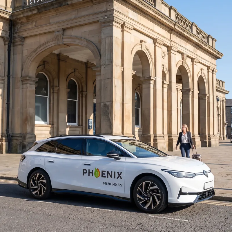 A Phoenix ID.7 outside the stone portico of Newcastle Central Station