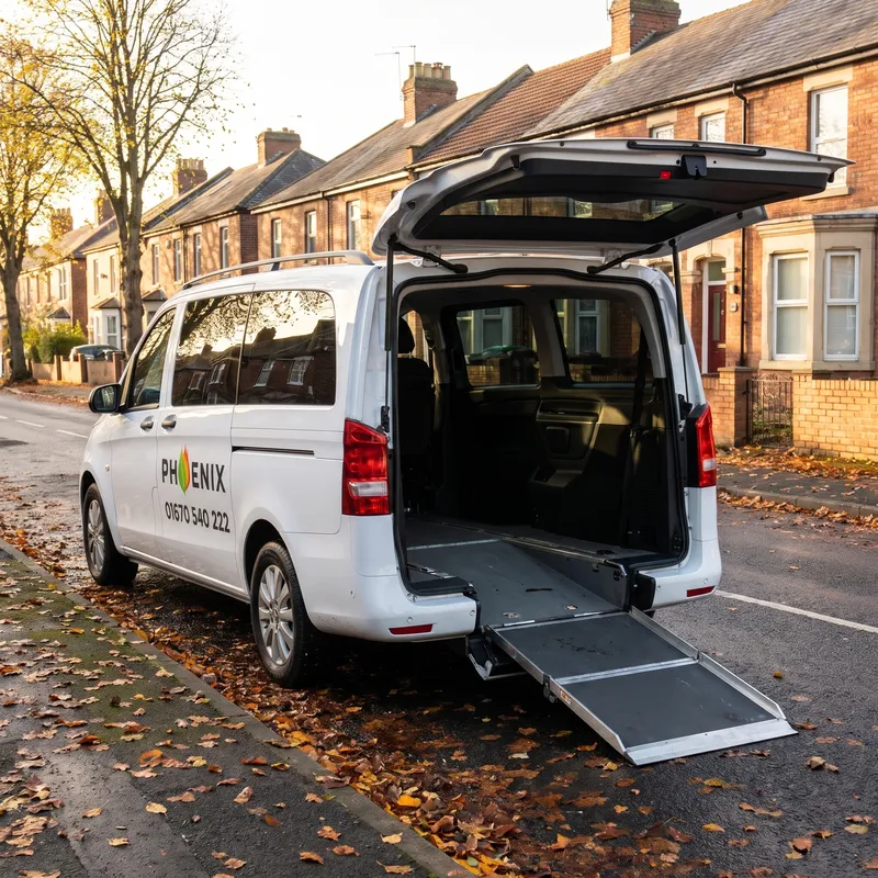 A Phoenix wheelchair-accessible van with its rear ramp down on a residential street